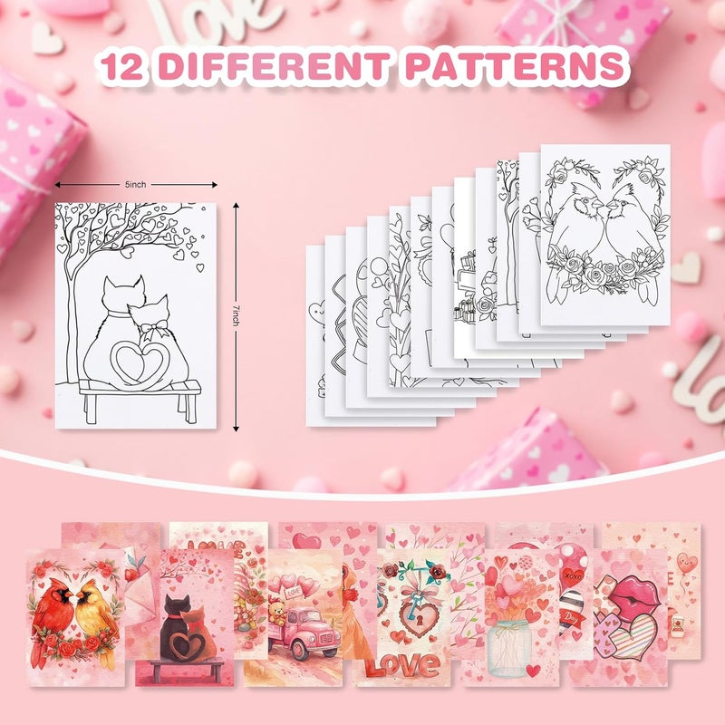 Zynlio Valentine's Day 12Pcs Pre Drawn Stretched Canvas Coloring Pre Drawn Canvas to Paint for Adults Kids Party Favor DIY Art Supplies(Valentine's Day,5 x 7 Inch) - Image 2